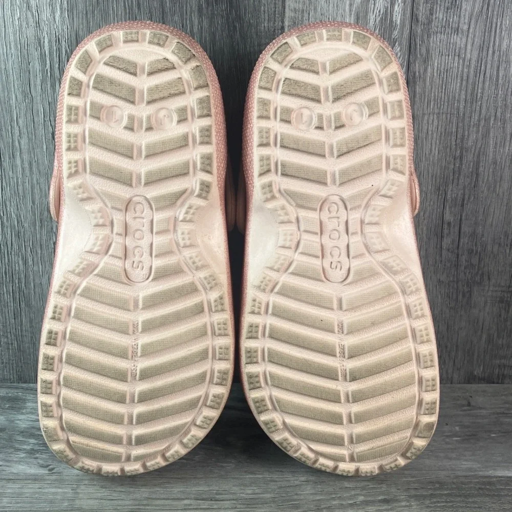 Crocs Classic Lined Clog Rose Gold Glitter Kids J1 Fuzzy Slip On Shoes
